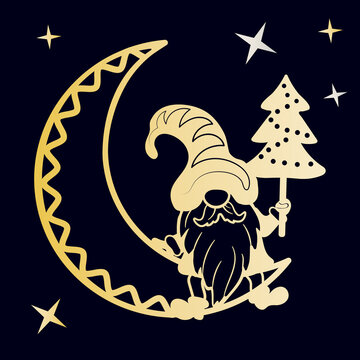 recommend clip art: A fabulous gnome with a herringbone sits on the moon with his legs dangling. Sublimation and cutting file.