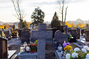 tombstones in the cemetery, all saints - obrazy, fototapety, plakaty