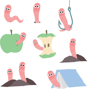 Worms set. A worm in an apple and a stub, a bookworm, a worm in the ground. Vector illustration isolated on white background.