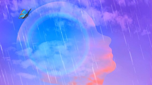 Head silhouette in the sky. Animated video