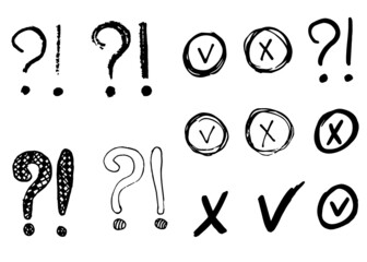 Doodle tick, cross, exclamation and question marks, hand drawn, vector, isolated