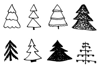 Doodle hand drawn Christmas trees set, vector, isolated on white background