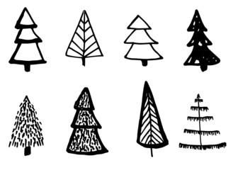 Obraz premium Doodle hand drawn Christmas trees set, vector, isolated on white background