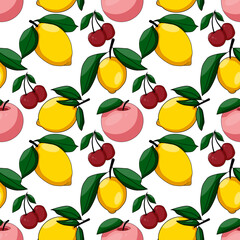 Bright ripe cherries and lemons in cartoon style with black outline seamless pattern on white background.