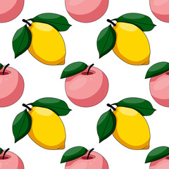 Bright ripe lemons and apples in cartoon style with black outline seamless pattern on white background.