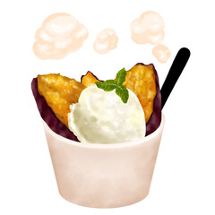 
湯気が出ているカップに入った冷やし焼き芋アイス　
