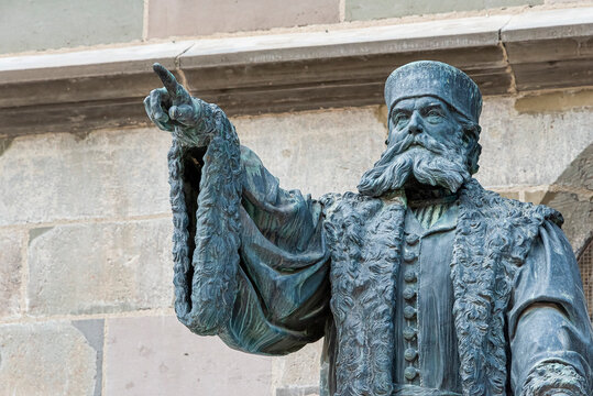 Brasov, Romania - Aug 2019: Statue of Johannes Honterus in Braşov, by Harro Magnussen