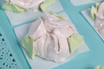 Homemade marshmallow. Zephyr roses.  Marshmallow roses. Close-up shot.