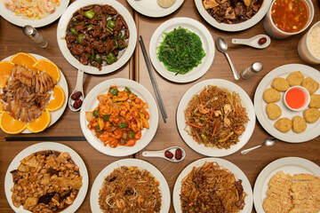 Amount of Asian Dishes, Sweet Potato Noodles, Shrimp Noodles, Beef with Peppers and Oyster Sauce, Chicken with Bamboo and Mushrooms, Duck with Orange, Wakame Salad and Rice - Three Delights