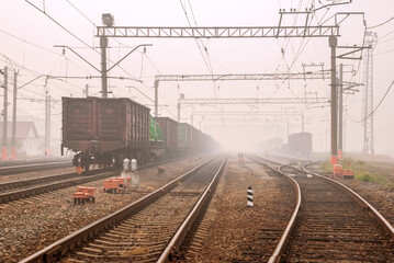 Fototapeta na wymiar Freight terminal of railway trains. Railway tracks, cars and locomotive in fog.