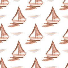 Seamless pattern with hand-painted by watercolor paints brown boat with sail and waves, floating in the sea.