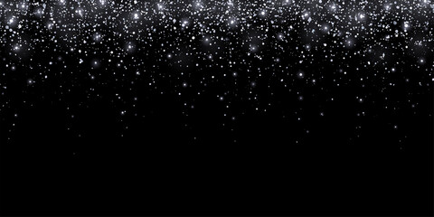 Wide silver glitter shiny holiday confetti with glow lights on black background. Vector