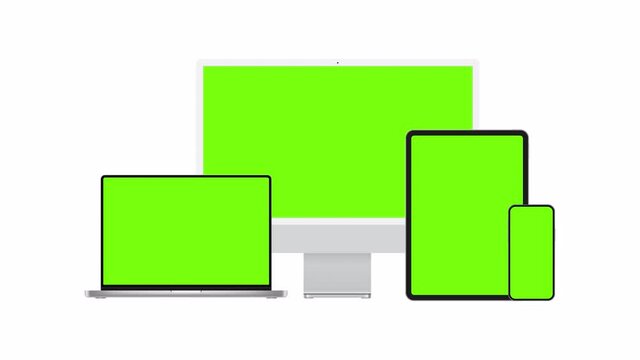 Animated Modern Devices Mockups: PC Monitor, Laptop, Tablet, Phone with Green Screens
