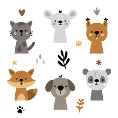vector set of cute animals and elements