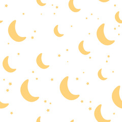 Fototapeta na wymiar Seamless starry sky childish pattern with stars and moon in hand drawn style for childish textile or wrapping paper on white background, ornament for print
