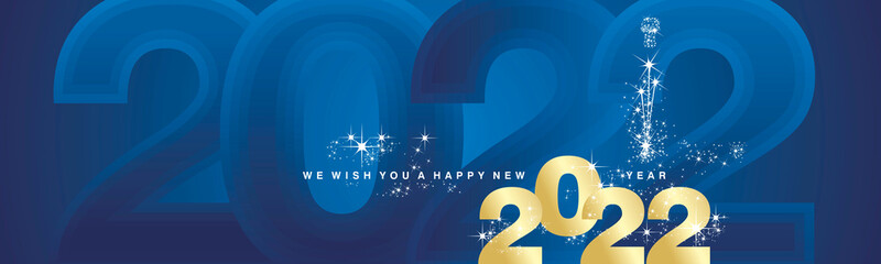 We wish you a Happy New Year 2022 white sparkle fireworks new modern golden blue greeting card