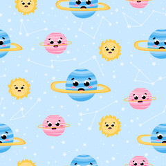 Chidish space seamless pattern with cute planets charcters of solar system on light pastel background with stars