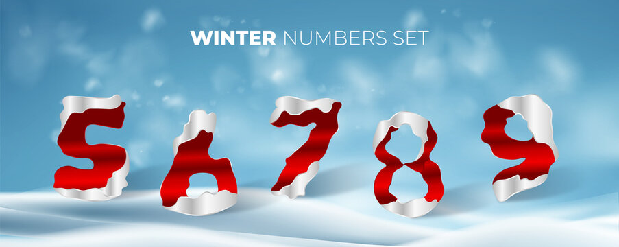 Set Of Christmas Holiday Vector Red Font. Numbers With Snow And Ice, Winter Alphabet With Snow Cap Effect Numbers, Symbols. Vector Eps 10