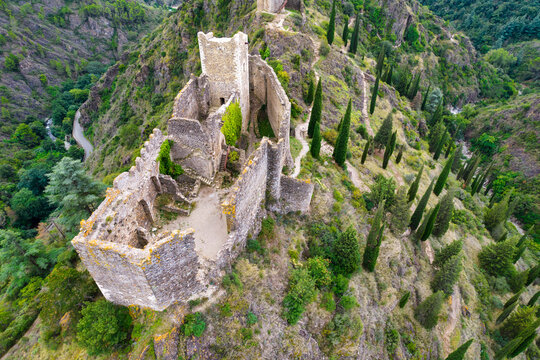 Lastours medieval castles aerial shot