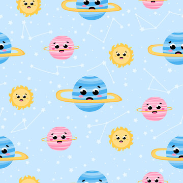 Chidish space seamless pattern with cute planets charcters of solar system on light pastel background with stars © Lozovytska