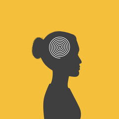 Woman with spiral line in head - metaphor of ordered thoughts, calm mind and mental health.