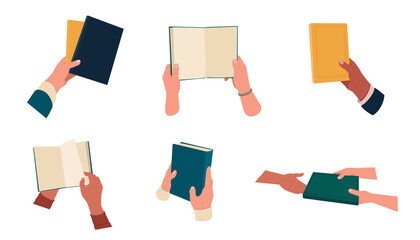 Human hands holding open and closed books. Public library, fiction and educational literature. Flat vector illustration 