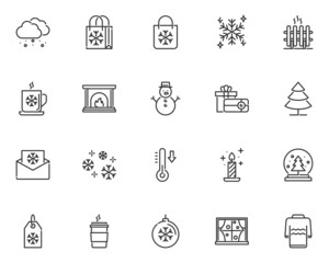 set of winter line icons, snowflake, season, cold