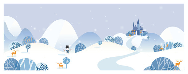 Vector illustration of a Christmas winter landscape Banner.Blue color of winter countryside landscape with  deer snowman and castle.