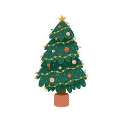Colorful cute christmas tree. Pink tones. Isolated on white background. Christmas card for invitation, greeting cards. 