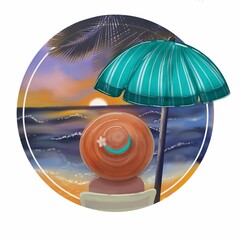 illustration of a sitting girl in a hat under an umbrella on the background of the sea