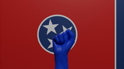 A single raised blue fist in the center in front of the US state flag of Tennessee