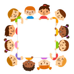 Cute cartoon diverse children with banner
