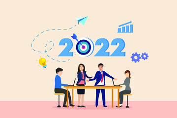 New year target vector concept. Group of business people working together near the 2022 numbers with dartboard