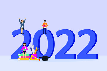 New year vector concept. Group of college students studying together while sitting with 2022 number background