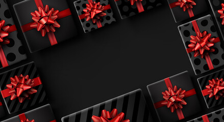 Gift boxes with red bow frame background.