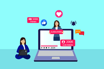 Content creator vector concept. Young woman using a laptop while watching a famous content video with many subscribers