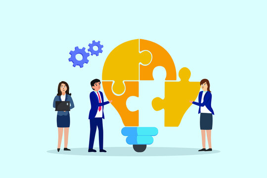 Problem solving vector concept. Group of business people connecting puzzle piece shaped a light bulb while working together