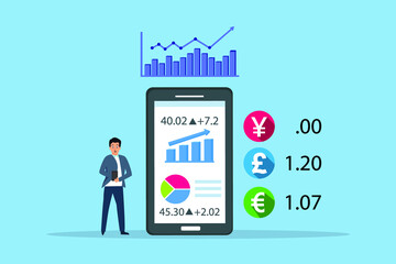 Businessman using a mobile phone while standing with increasing yen value