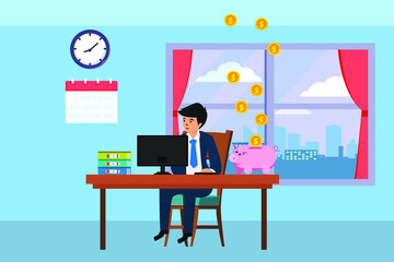 Income vector concept. Businessman working in the office while sitting with money falling into piggy bank