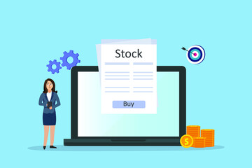 Stock vector concept. Young businesswoman buying stock online on laptop while standing with dartboard background
