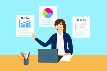 Financial analysis vector concept. Businesswoman using a laptop while analyzing growth finance chart in the office