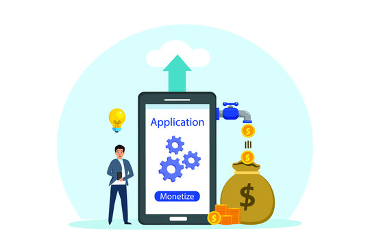 Monetize vector concept. Businessman thinking an idea while standing with monetize apps on the mobile phone