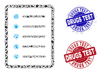 Round DRUGS TEST grunge seals with text inside round shapes, and shatter mosaic list page icon. Blue and red seals includes DRUGS TEST text. List page mosaic icon of debris particles.