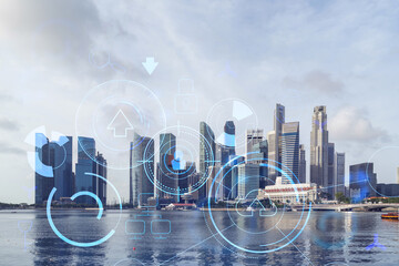 Technology hologram over panorama city view of Singapore. The largest tech hub in Asia. The concept of developing coding and high-tech science. Double exposure.