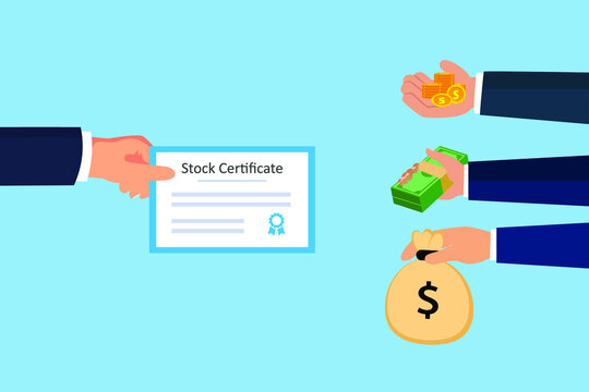 Stock certificate. Person hand selling stock certificate with money