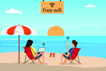 Free wifi vector concept. Two young people connecting wifi while enjoying summer holiday at the beach