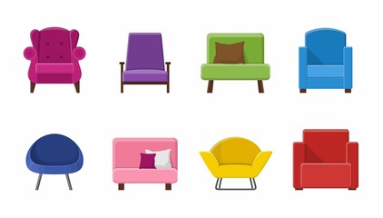 Set of different armchairs. Collection of seating types in flat style. Beautiful design elements - classic, retro or modern furniture. Colorful vintage and comfort chair. Isolated vector illustration