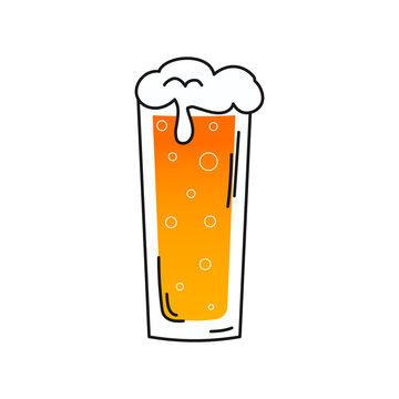 Glass of beer in doodle style with beer foam and bubbes isolated on white background for menu design