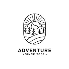 sunrise mountain adventure pine hemlock evergreen tree forest vintage line art logo design vector