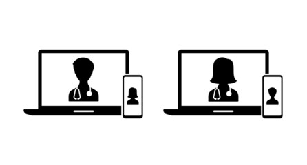 telemedicine virtual communication doctor and patient on laptop and smartphone device vector icon for apps and websites